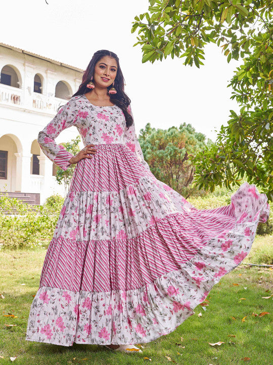 CHANSI Floral Printed Pleated Flared Maxi Dress