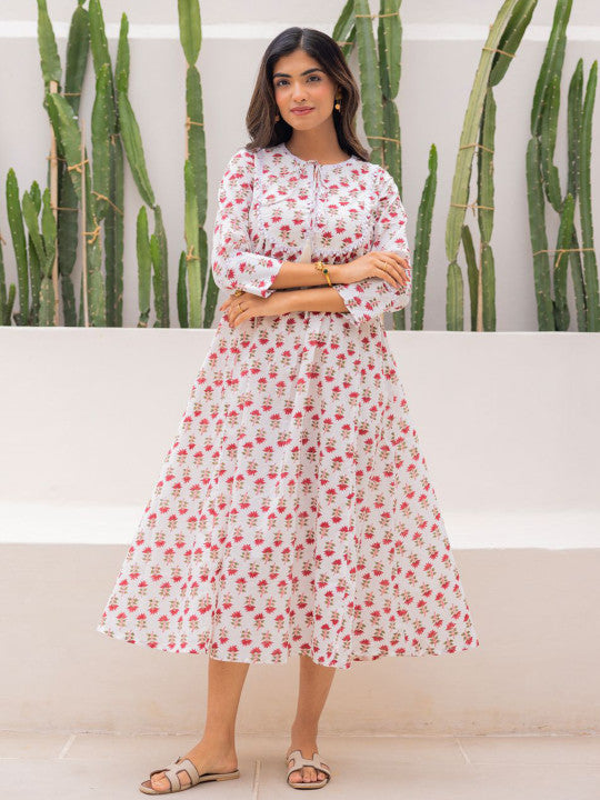 Ambraee Women Ethnic Motifs Handblock Printed A-Line Dress