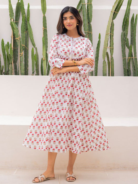 Ambraee Women Ethnic Motifs Handblock Printed A-Line Dress