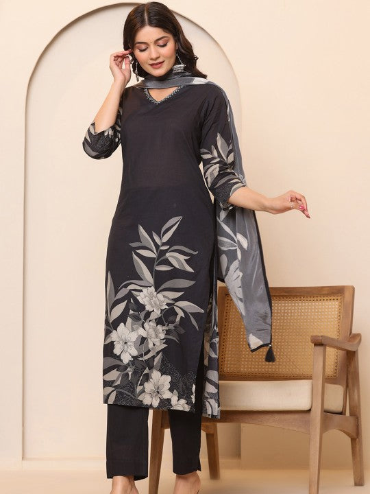 all about you Floral Printed  Pure Cotton Kurta With Trousers & Dupatta