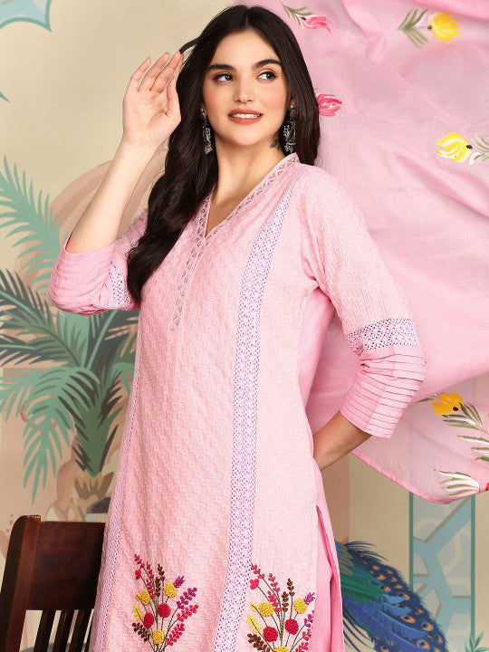 Ishin Floral Embroidered Sequinned Pure Cotton Straight Kurta With Trousers & Dupatta