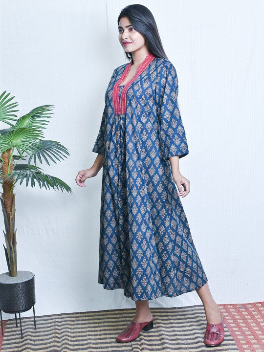 Earthwear Floral Printed V-Neck Pure Cotton A-Line Ethnic Dress