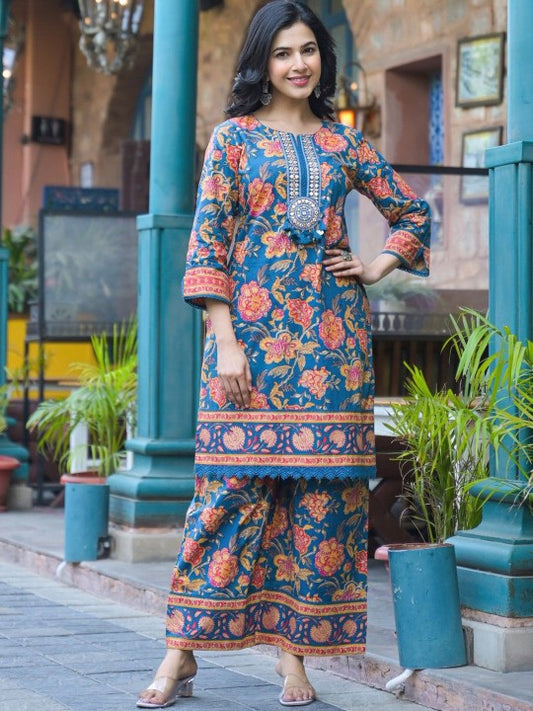 AUTUMN LANE Floral Printed Pure Cotton Mirror Work Notch-Neck Tunic & Trouser