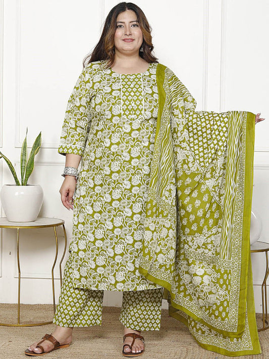 Swasti Women Floral Printed Regular Sequinned Pure Cotton Kurta with Trousers & With Dupatta