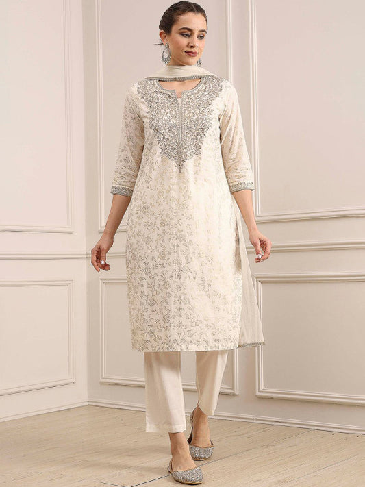 Biba Embroidered Notch Neck Thread Work Pure Cotton Kurta With Trousers & Dupatta