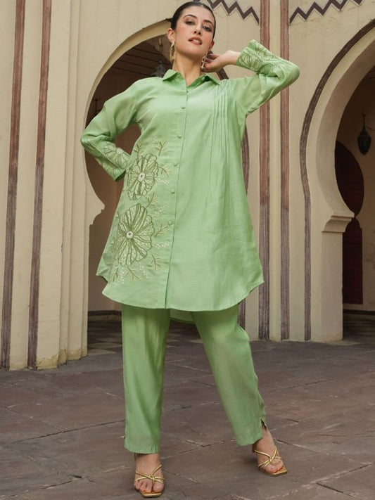 ANUSHEET Embroidered Shirt Collar Pure Muslin Tunic With Trouser