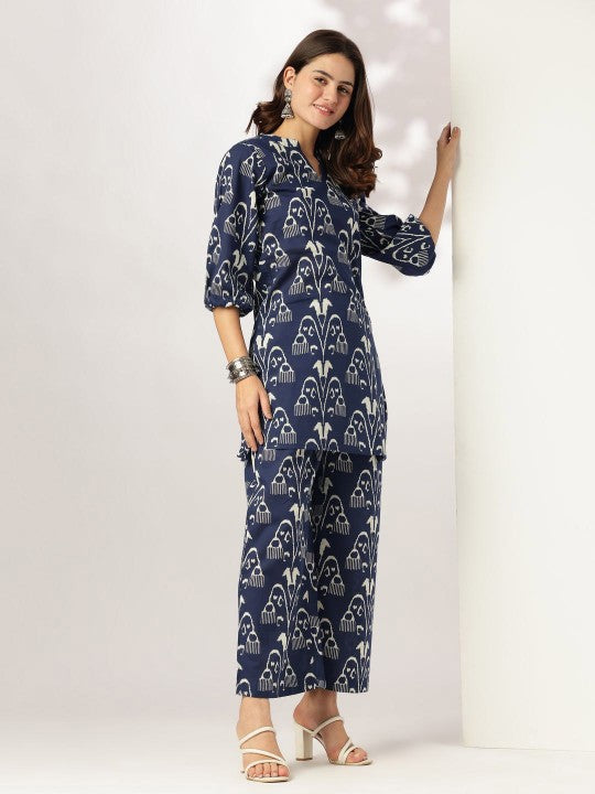 Printed Pure Cotton Mandarin Collar Neck Top With Trousers Co-Ords