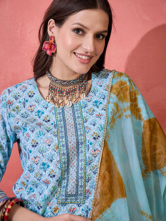 Floral Printed Round Neck Straight Kurta With Trouser And Dupatta