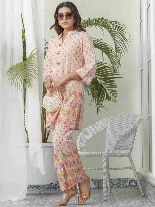 Floral Printed Pure Cotton Mandarin Collar Tunic With Trousers