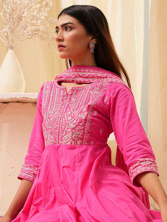 Biba Women Floral Embroidered Regular Thread Work Pure Cotton Kurta with Churidar & With Dupatta