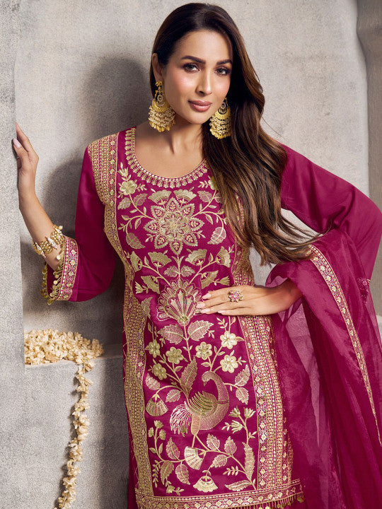 Inddus Floral Embroidered Sequinned Kurta With Palazzos & Dupatta