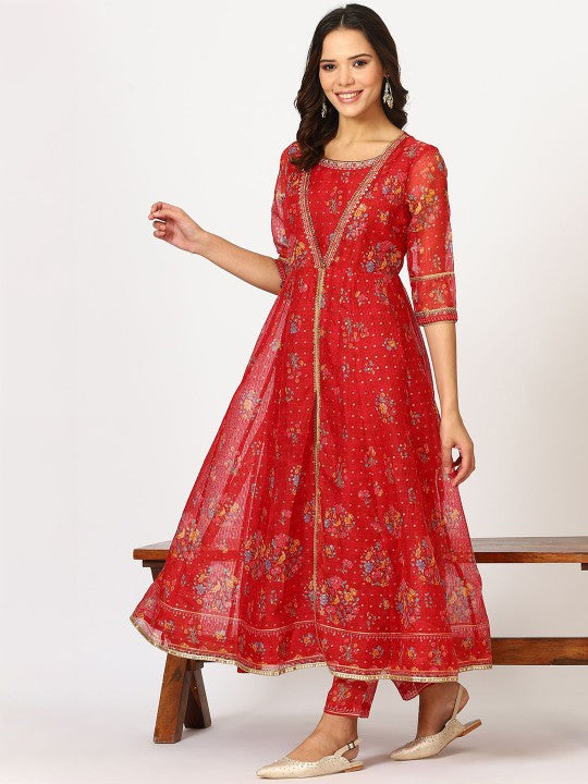W Red Floral Printed Round Neck Thread Work Kurta With Trouser With Dupatta