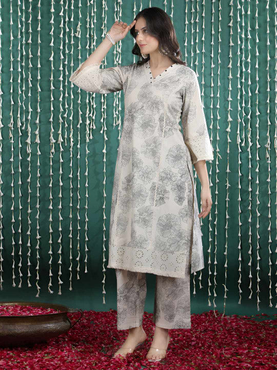 Bani Women Women Beige Floral Print Pure Cotton Kurta Set with Embroidered Detailing