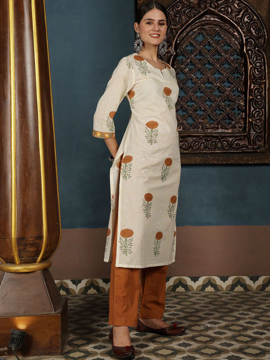 Taavi Floral Hand Block Print Pure Cotton Straight Kurta With Trousers & Dupatta