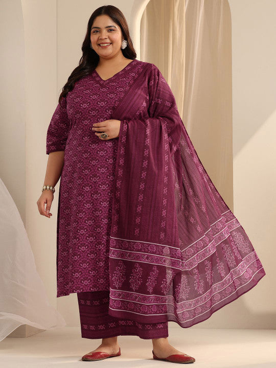 EXTRA LOVE BY LIBAS Women Plus Size Ethnic Motifs Printed Kurta with Trousers & Dupatta