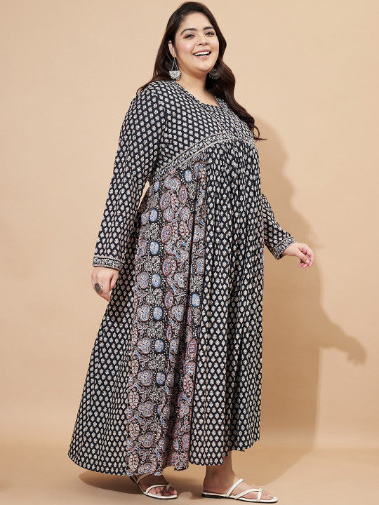 Vbuyz Plus Floral Printed Square Neck Cotton Maxi Ethinic Dress
