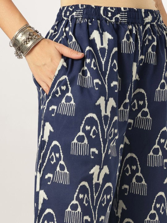 Printed Pure Cotton Mandarin Collar Neck Top With Trousers Co-Ords