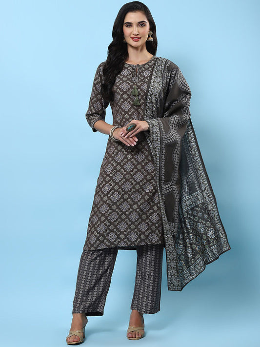 Floral Printed Straight Kurta with Trousers & Dupatta