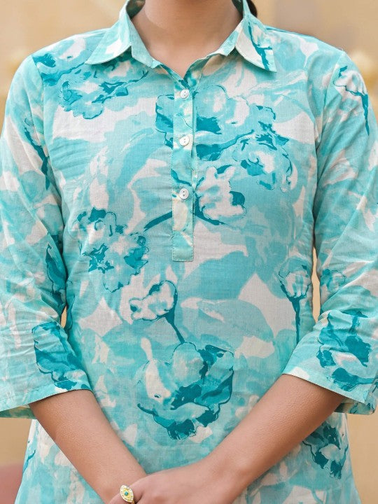 Floral Printed Shirt Collar Pure Cotton Tunic With Palazzo