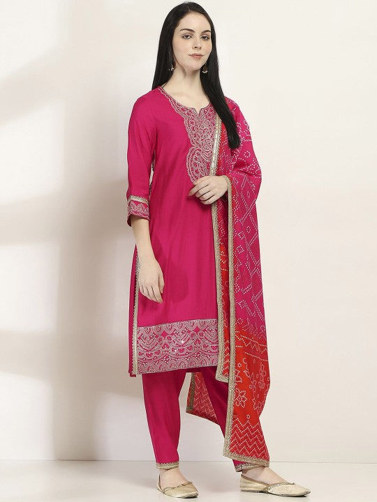 Floral Yoke Design Thread Work Straight Kurta with Trouser & Dupatta