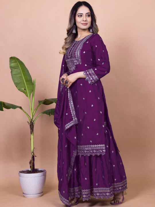 TEEYA CREATION Women Ethnic Motifs Embroidered Kurta with Sharara & Dupatta