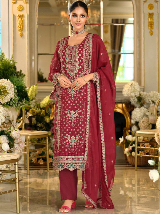 Indo Era Ethnic Motifs Embroidered Zari Organza Straight Kurta & Trousers With Dupatta