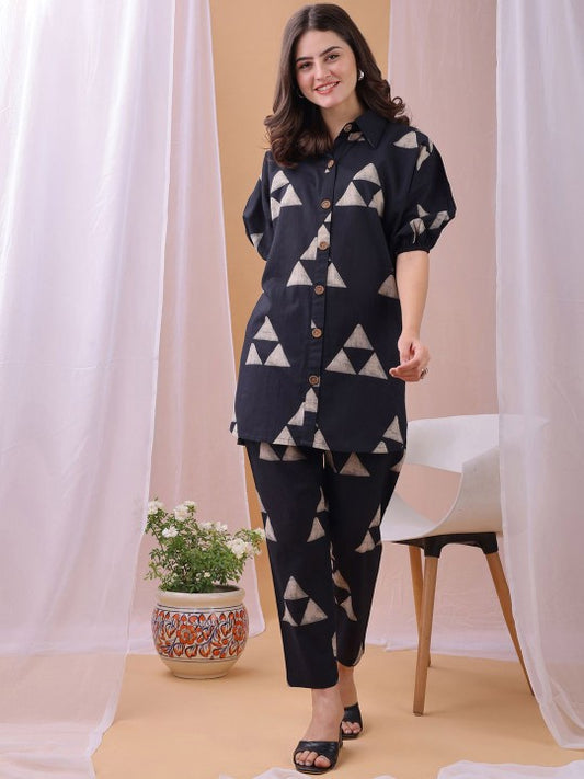 Fourleaf Printed V Neck Shirt Collar Shirt With Trousers Co-Ords