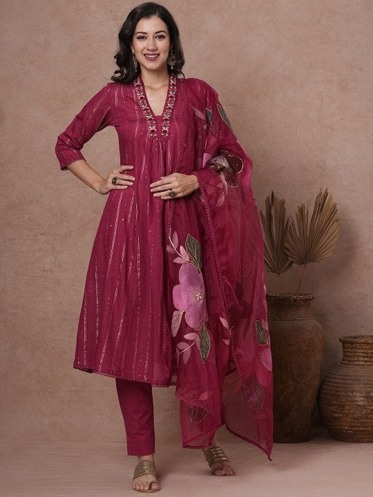 FASHOR Floral Embroidered Panelled Pure Cotton Kurta with Trousers & Dupatta