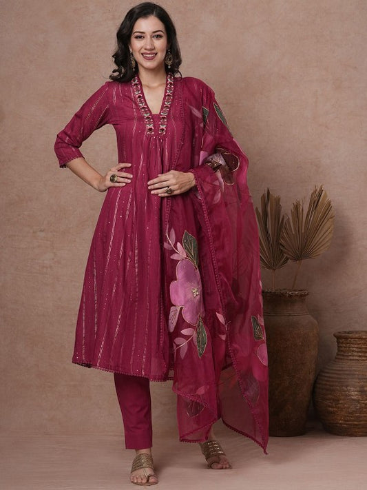 FASHOR Floral Embroidered Panelled Pure Cotton Kurta with Trousers & Dupatta