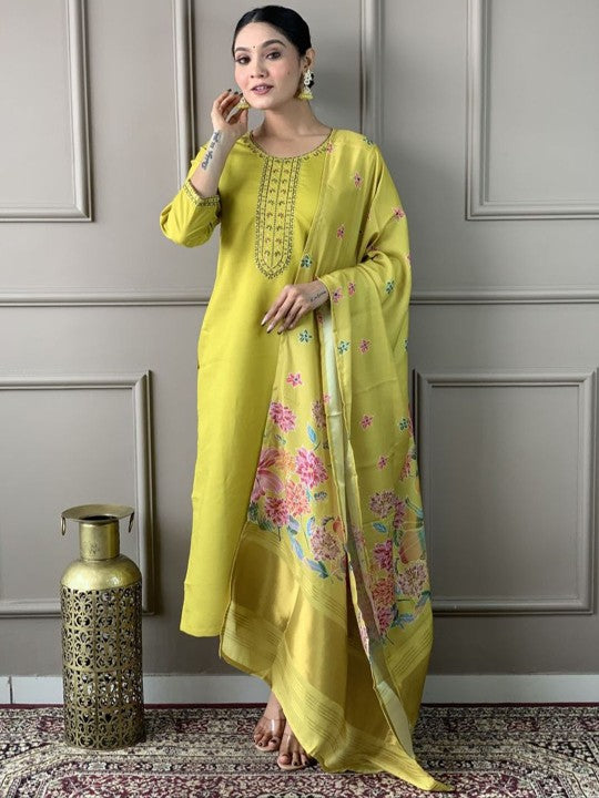 Floral Yoke Design Thread Work Round Neck Straight Kurta With Trousers & Dupatta