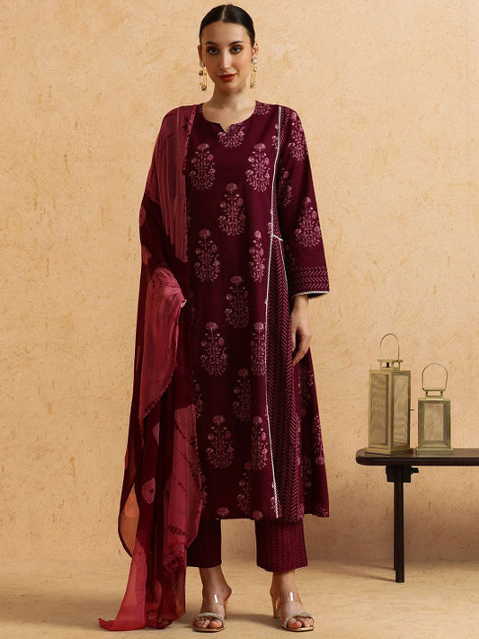 STYLEBAAZI Floral Printed Panelled Pure Cotton A-Line Kurta With Trousers & Dupatta