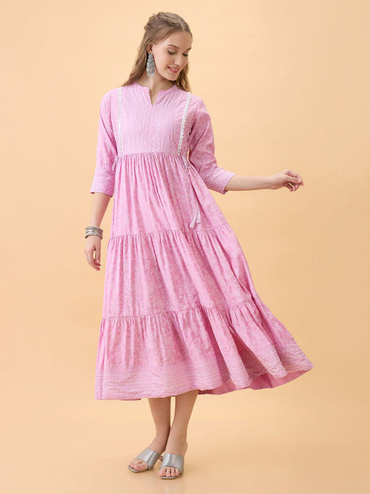 Globus Floral Printed Mandarin Collar Fit & Flare Lace Detail Tiered Cotton Maxi Dress