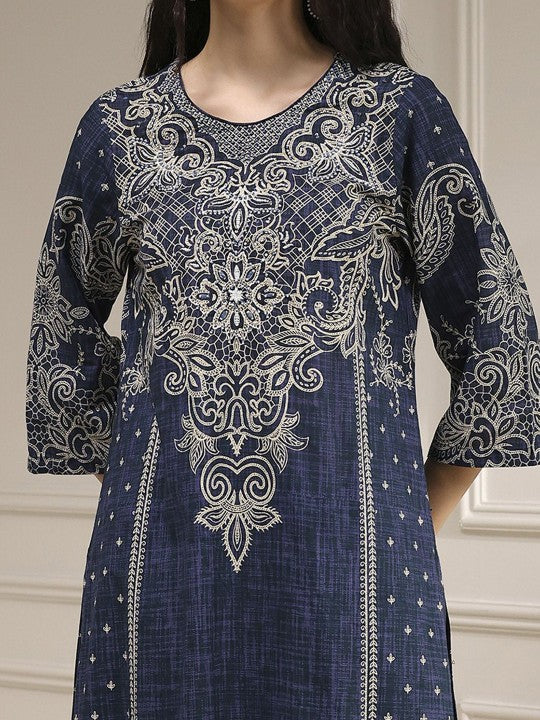 Biba Women Ethnic Motifs Embroidered Cotton Kurta with Trouser & Dupatta