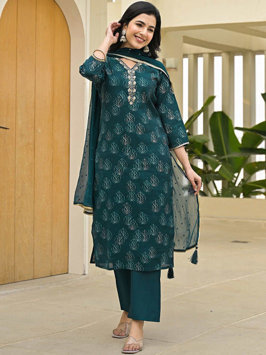Floral Printed Thread Work V-Neck Kurta with Trousers & Dupatta