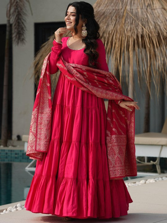 BAHU PALACE Tiered Pure Roman Chanderi Silk Anarkali Kurta