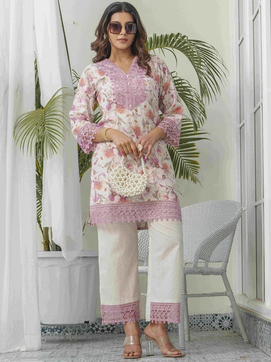 Floral Printed V-Neck Linen Tunic With Trousers