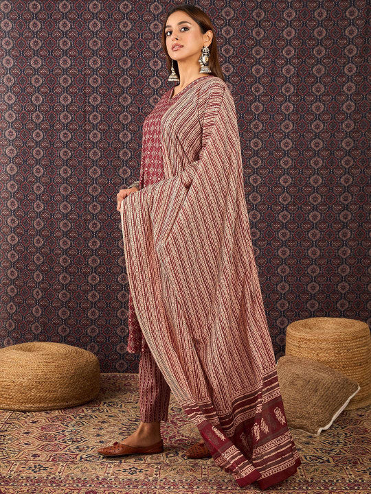 Indo Era Ethnic Motifs Printed Sequinned Pure Cotton Kurta With Trousers & Dupatta
