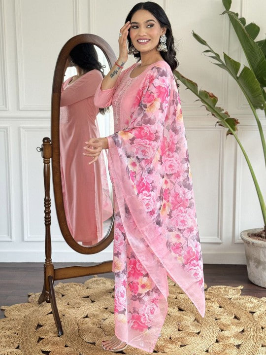 BLACK SCISSOR Floral Embroidered Sequinned Straight Kurta With Trousers & Dupatta