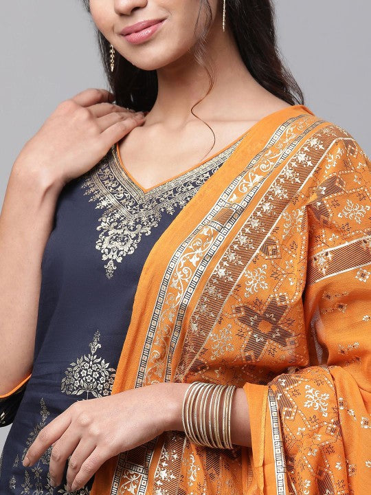AURELIA Women Printed Pure Cotton Kurta with Skirt & With Dupatta