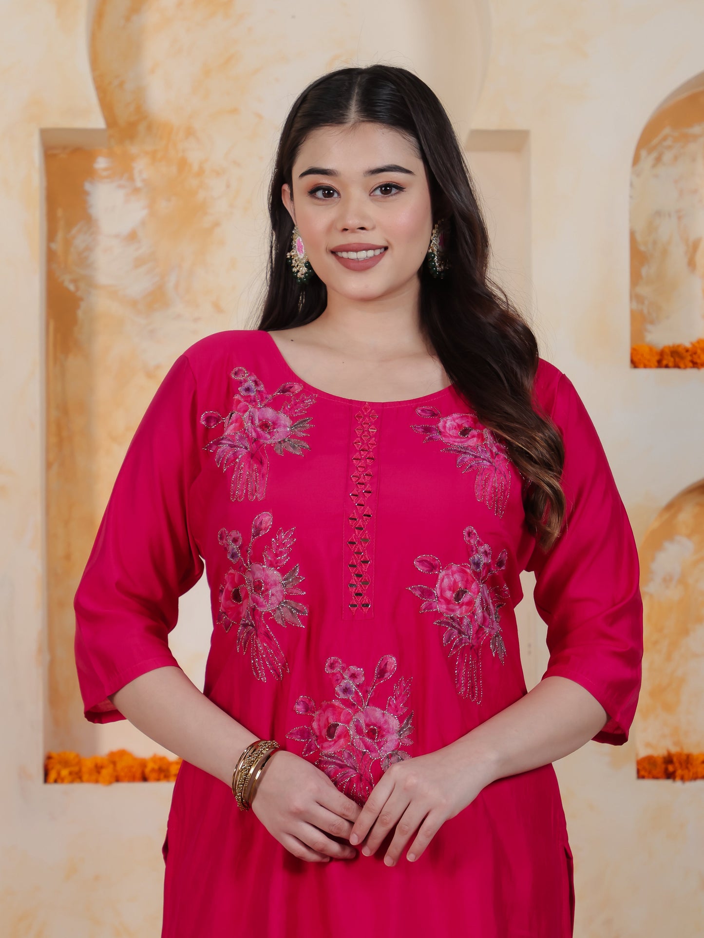 Embroidered Pink Floral Roman silk Straight Kurta