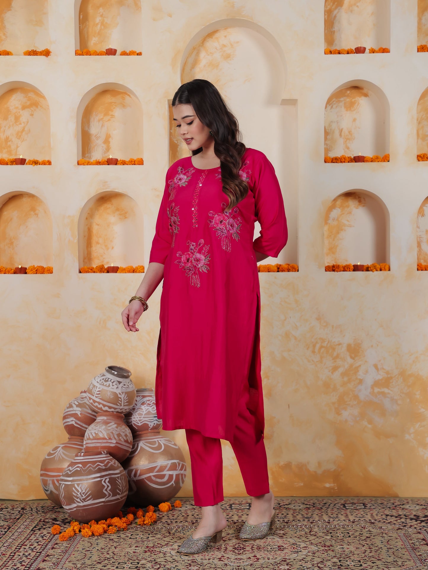 Embroidered Pink Floral Roman silk Straight Kurta