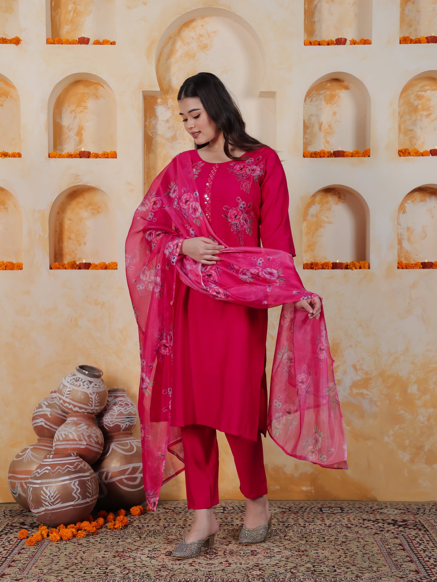 Embroidered Pink Floral Roman silk Straight Kurta