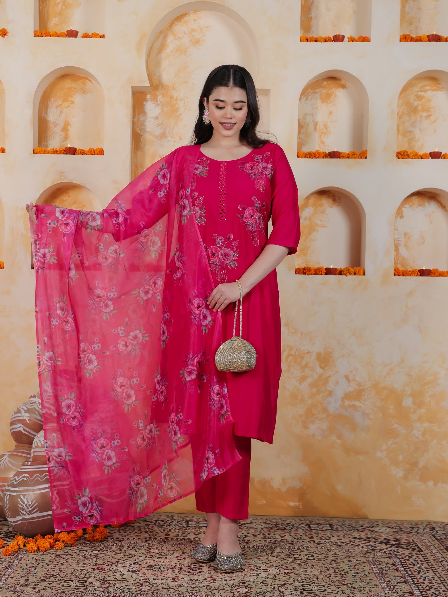 Embroidered Pink Floral Roman silk Straight Kurta