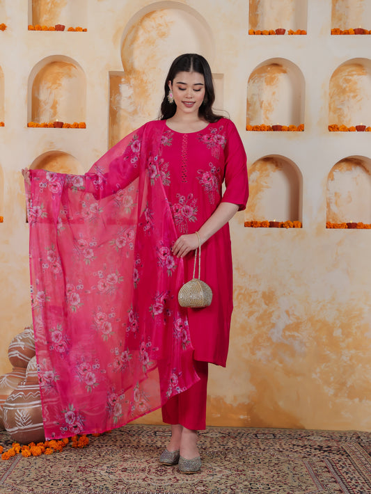 Embroidered Pink Floral Roman silk Straight Kurta