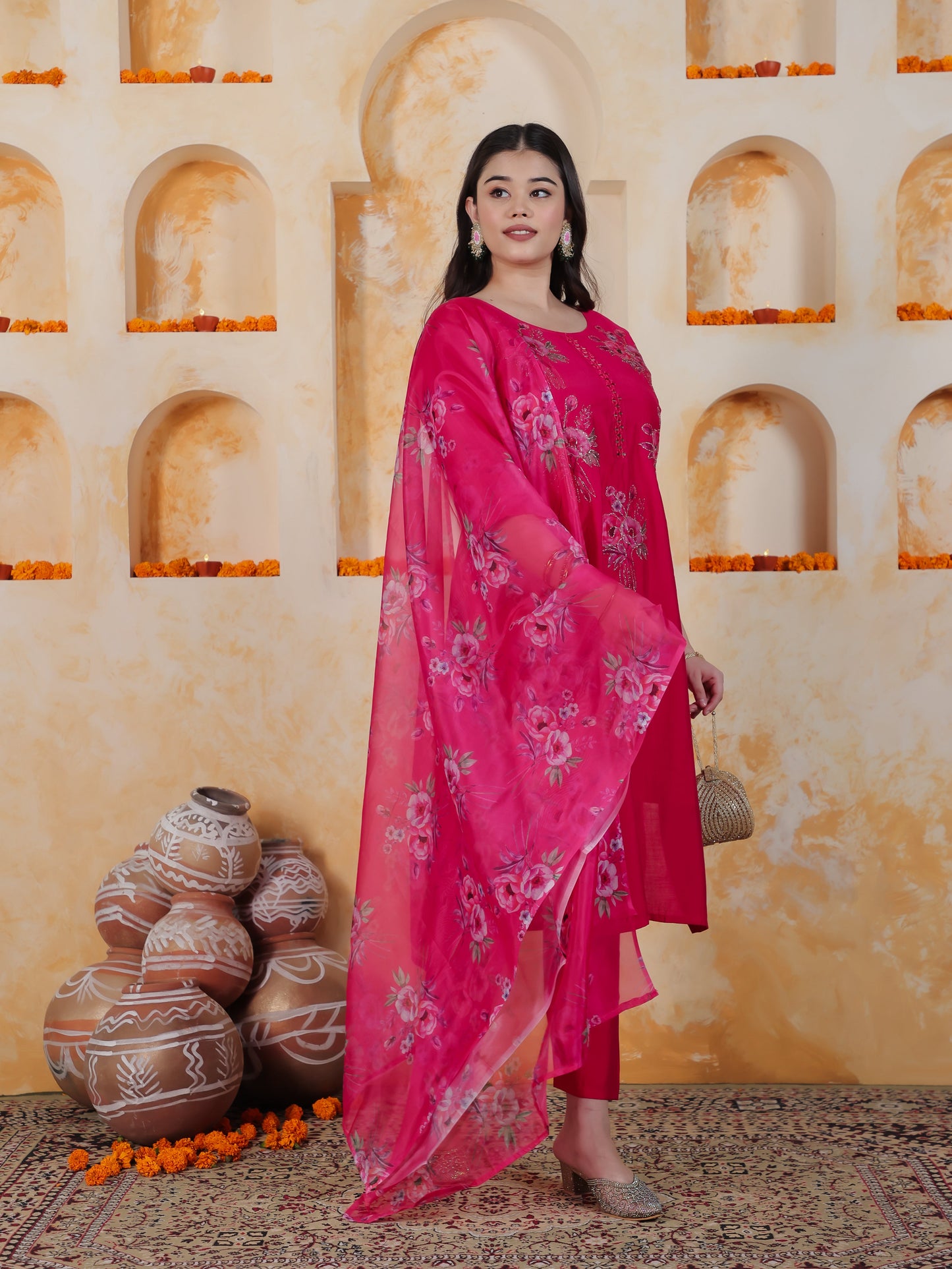 Embroidered Pink Floral Roman silk Straight Kurta