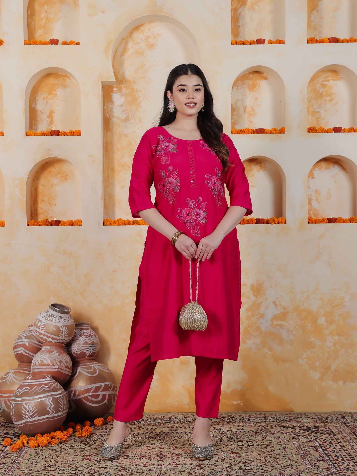 Embroidered Pink Floral Roman silk Straight Kurta