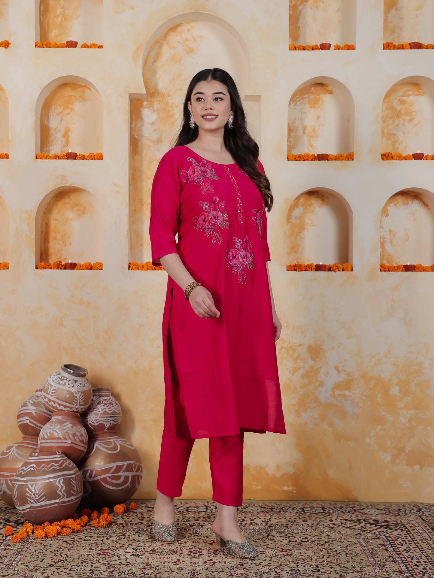 Embroidered Pink Floral Roman silk Straight Kurta