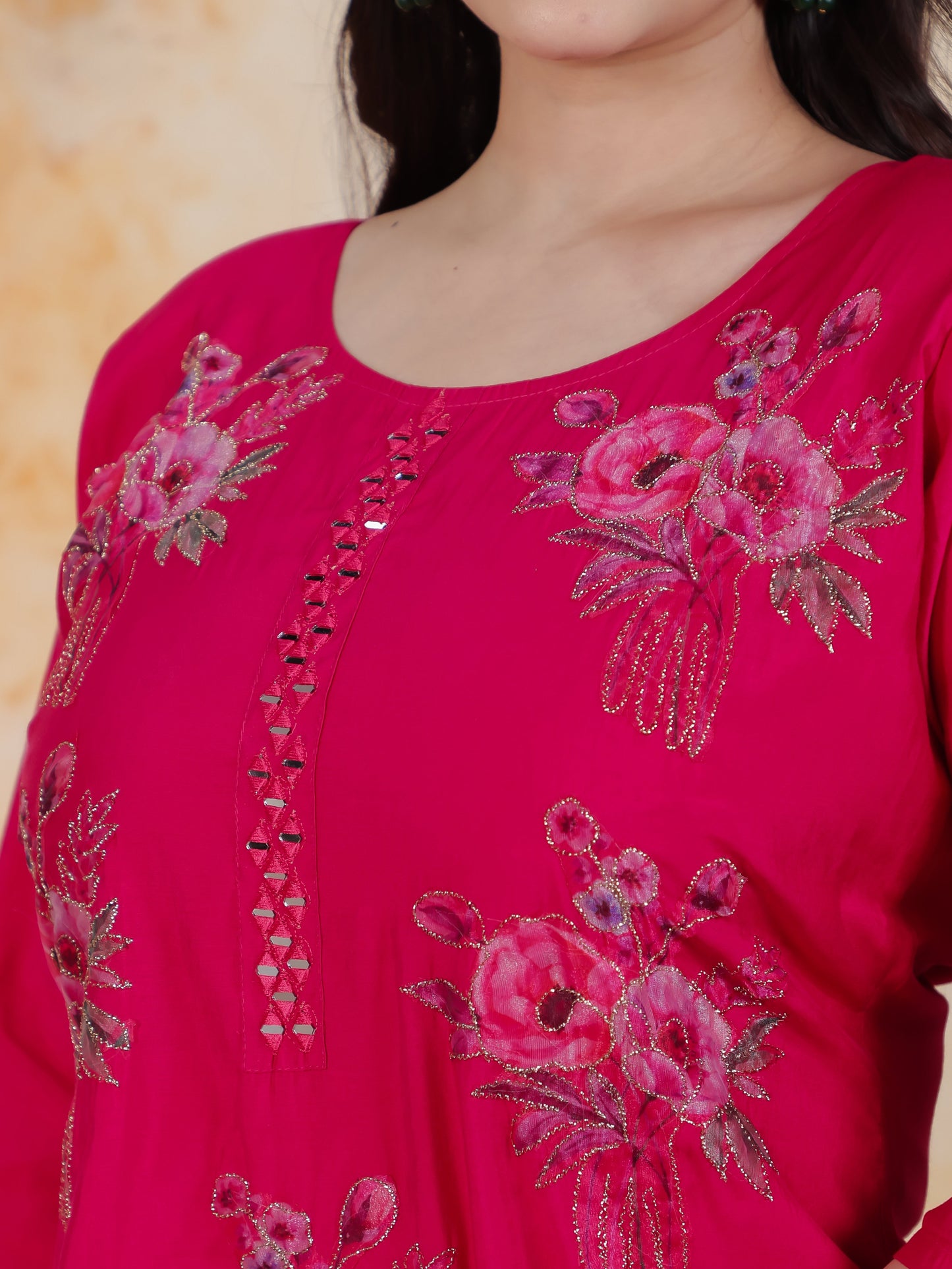 Embroidered Pink Floral Roman silk Straight Kurta