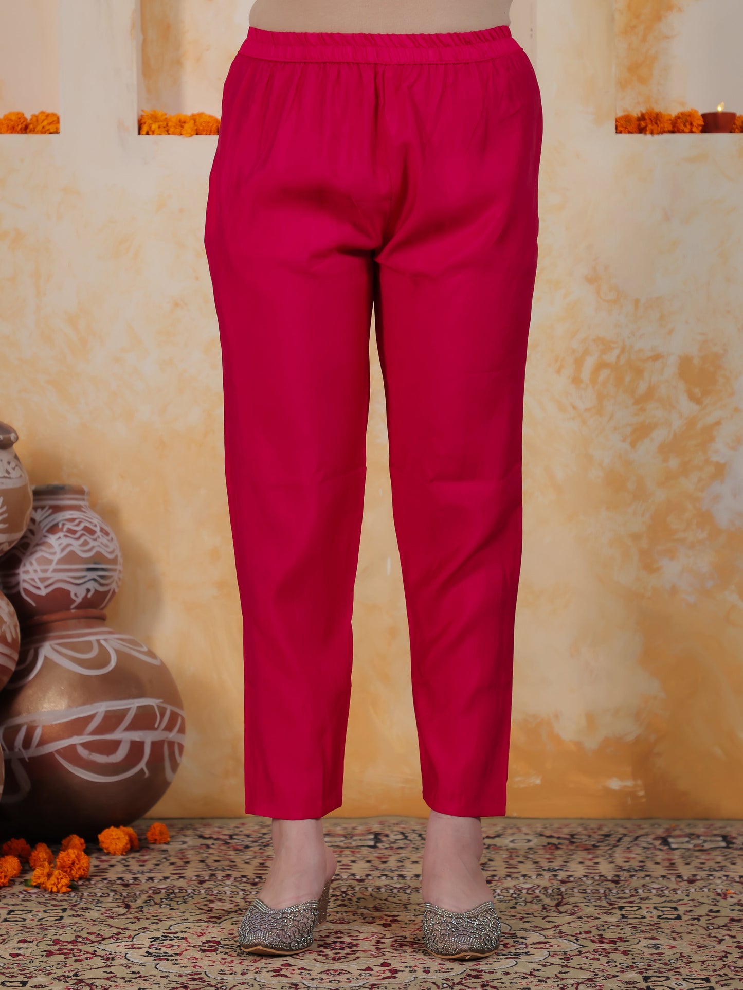 Embroidered Pink Floral Roman silk Straight Kurta