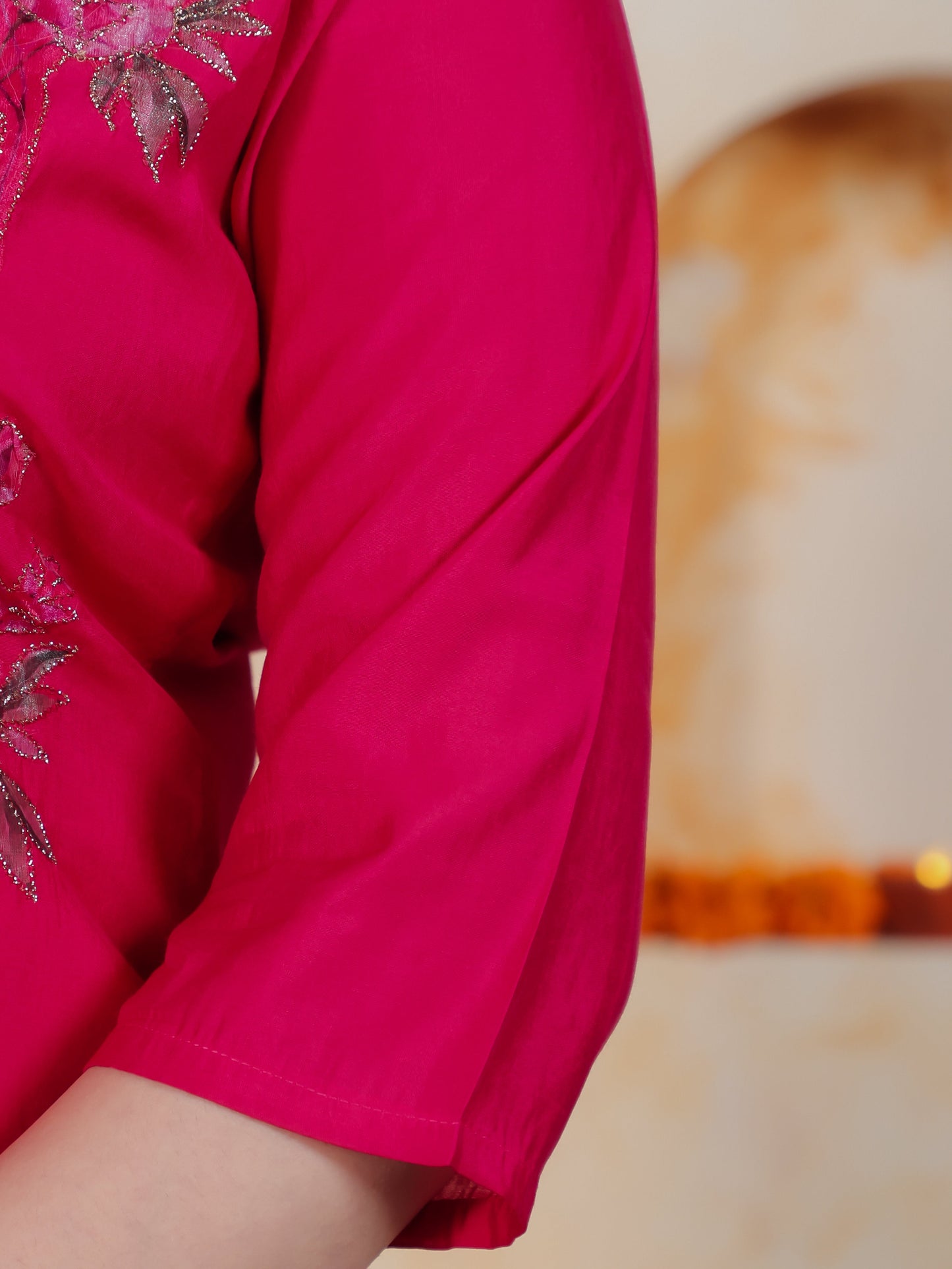 Embroidered Pink Floral Roman silk Straight Kurta